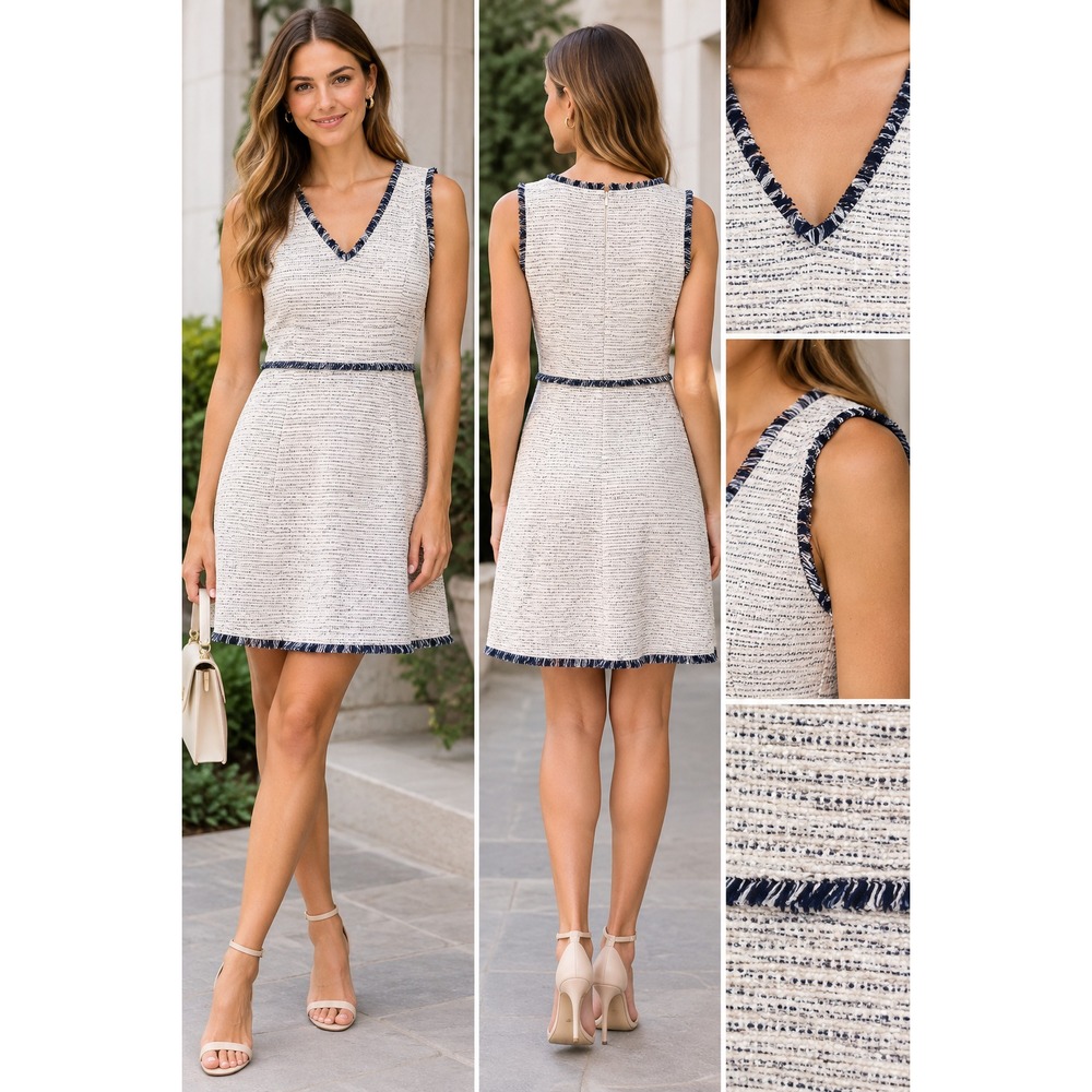 NWT LOFT Ivory Navy Tweed Fringe Dress 2 V Neck Fit Flare Preppy Old Money Fall